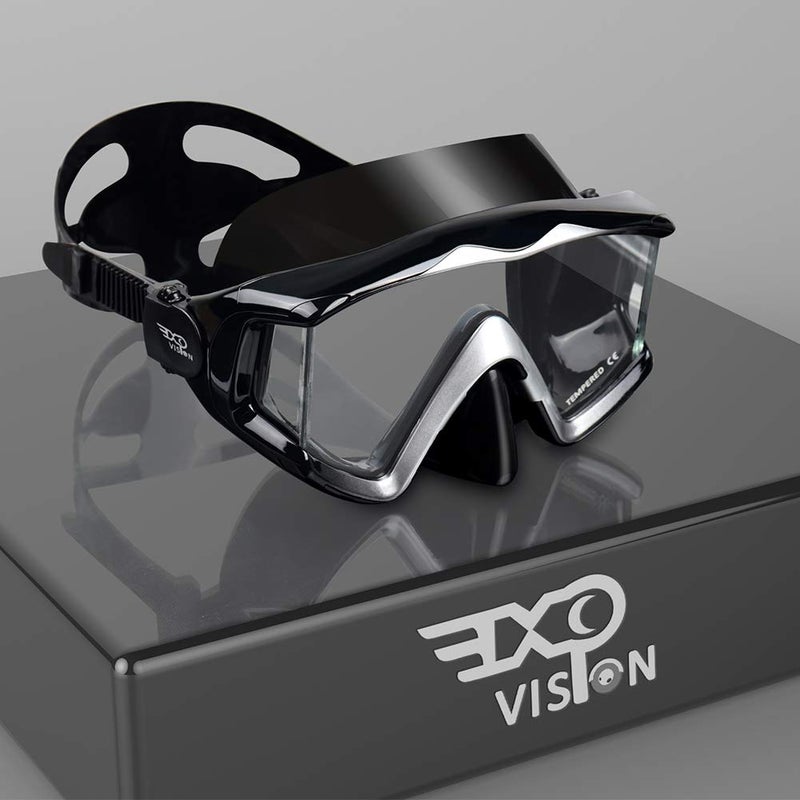 EXP VISION الكبار بانو 3 نافذة قناع الغوص خفف من الزجاج غص قناع مكافحة الضباب قناع السباحة لا تسرب نظارات السباحة مع غطاء الأنف معدات الغطس للغطس الحر والسباحة (أسود) - Image 1